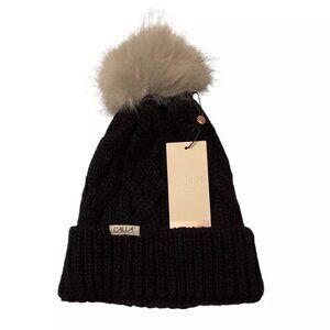 New Calia Cable Knit Pom Beanie Hat One Size Black NWT